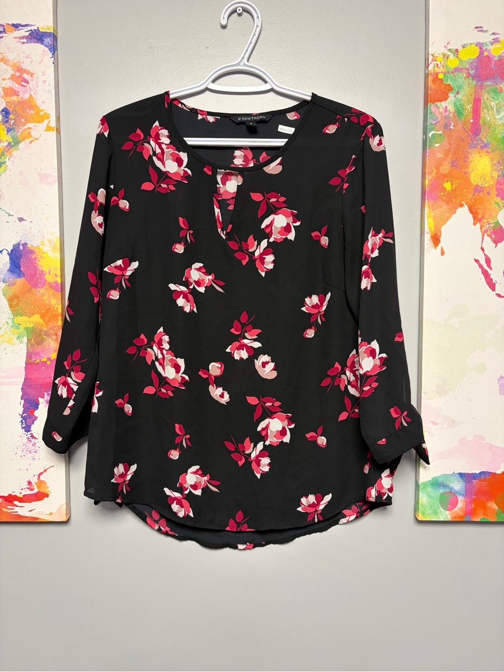 41 Hawthorn Black and Red Tie Front Blouse with 3/4 Sleeves